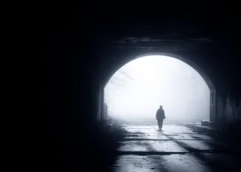 Silhouette person walking dark tunnel